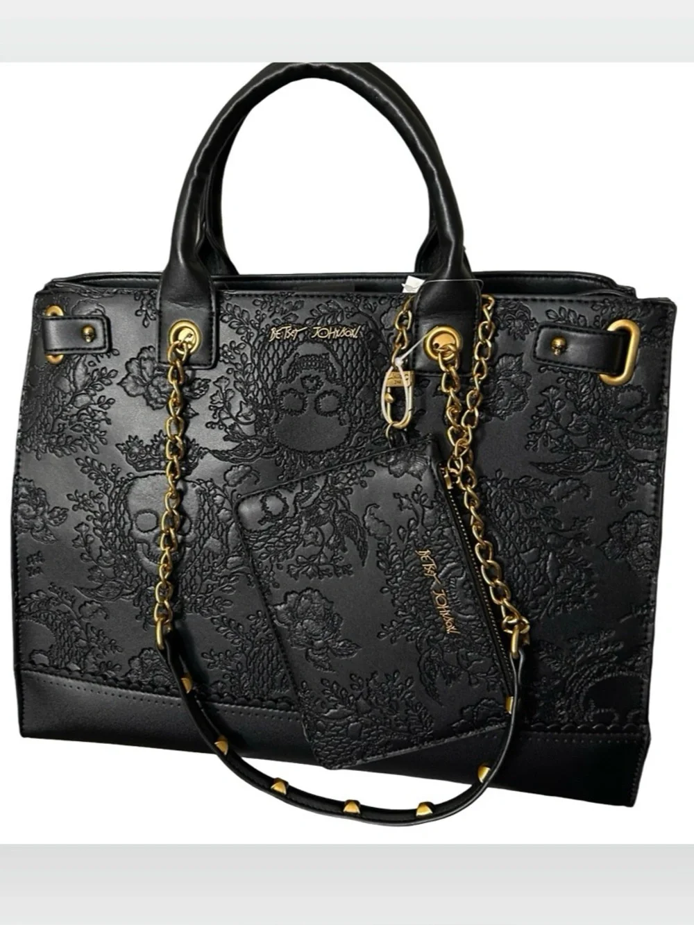 BETSEY JOHNSON XL BLACK SKULL & ROSES DOUBLE HANDLE & CHAIN STUD STRAPS TOTE NWT